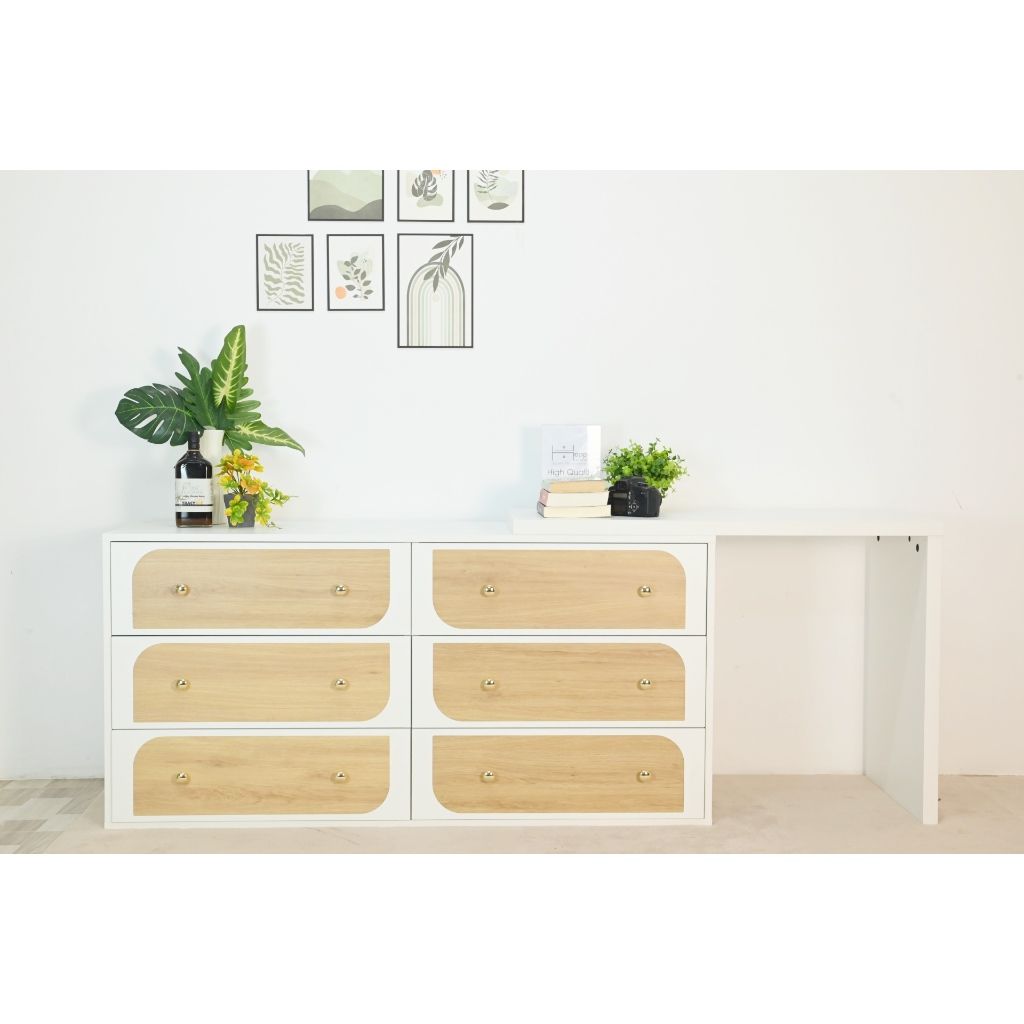  HAPPY FURNITURE , Tủ lưu trữ 6 ngăn kéo kết hợp bàn - VENNI , BAN_115 , 220cm x 45cm x 71cm DxRxC 
