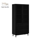  HAPPY FURNITURE , Kệ sách 6 tầng cửa kính 2 ngăn kéo chân sắt - CATY , KSA_019 , 90cm x 39cm x 180cm 