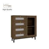  HAPPY FURNITURE ,  Tủ đựng đồ cửa kính 4 ngăn kéo chân sắt -  ROTAN , THK_124 , 90cm x 30cm x 90cm 