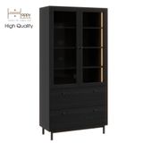  HAPPY FURNITURE , Kệ sách cửa kính 2 ngăn kéo đèn LED chân sắt - CATY , KSA_019_LED , 90cm x 39cm x 180cm 