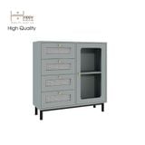  HAPPY FURNITURE ,  Tủ đựng đồ cửa kính 4 ngăn kéo chân sắt -  ROTAN , THK_124 , 90cm x 30cm x 90cm 