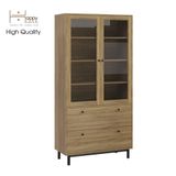  HAPPY FURNITURE , Kệ sách 6 tầng cửa kính 2 ngăn kéo chân sắt - CATY , KSA_019 , 90cm x 39cm x 180cm 