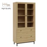  HAPPY FURNITURE , Kệ sách cửa kính 2 ngăn kéo đèn LED chân sắt - CATY , KSA_019_LED , 90cm x 39cm x 180cm 