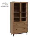  HAPPY FURNITURE , Kệ sách cửa kính 2 ngăn kéo đèn LED chân sắt - CATY , KSA_019_LED , 90cm x 39cm x 180cm 