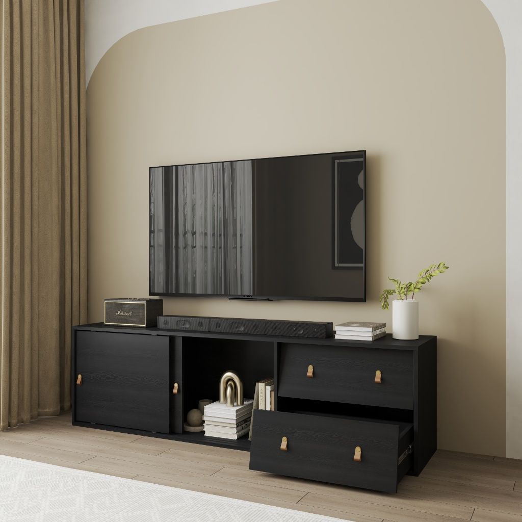  HAPPY FURNITURE , Kệ TV 2 cửa lùa 2 ngăn kéo - CALYN , KTV_100 , 180cm x 40cm x 52cm DxRxC 