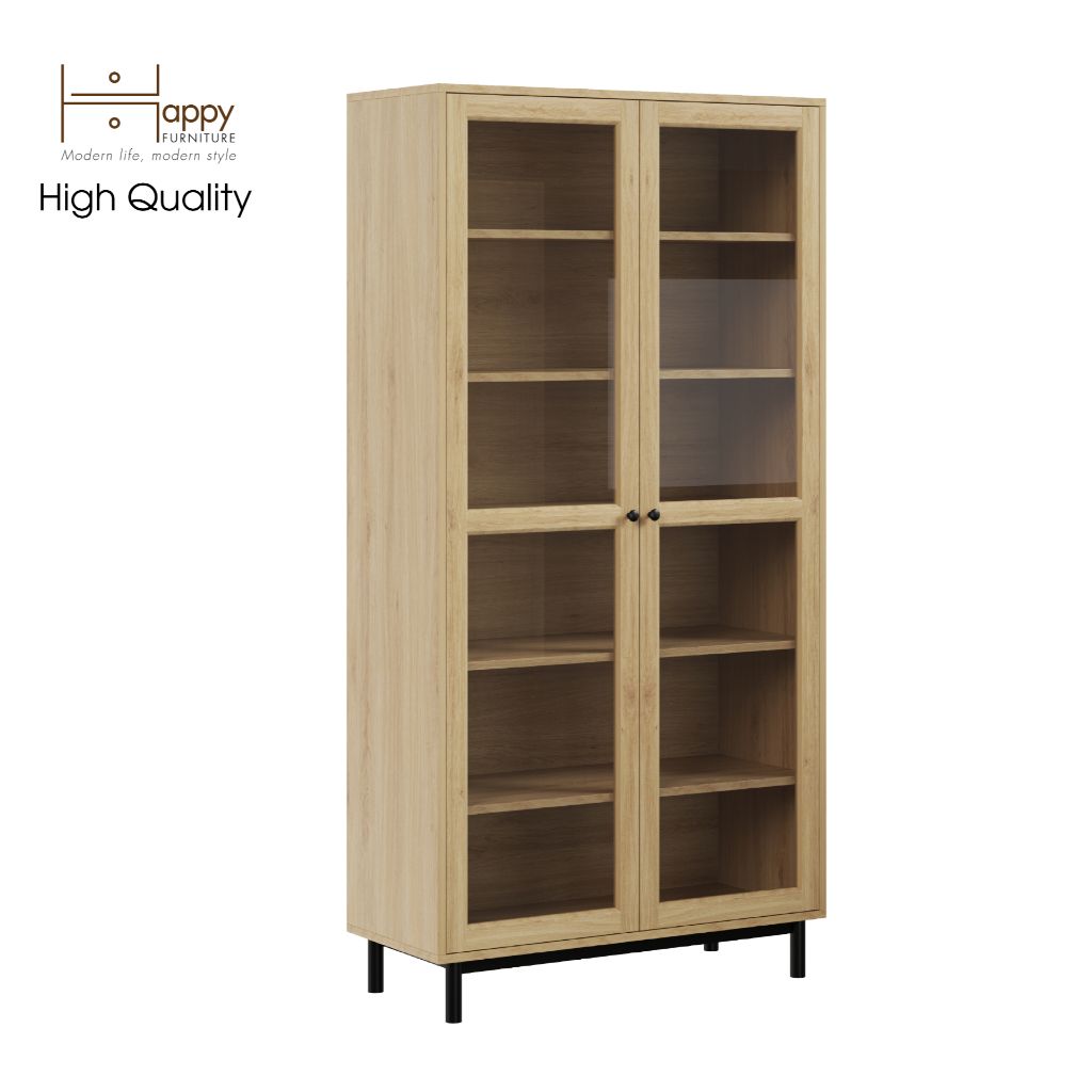  HAPPY FURNITURE , Kệ sách 6 tầng cửa kính chân sắt - CATY , KSA_021 , 90cm x 39cm x 180cm 