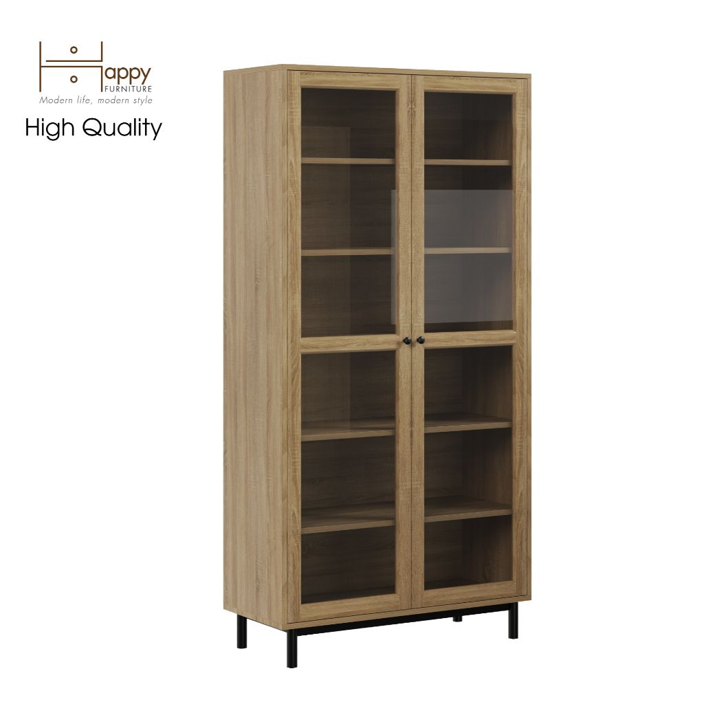  HAPPY FURNITURE , Kệ sách 6 tầng cửa kính chân sắt - CATY , KSA_021 , 90cm x 39cm x 180cm 