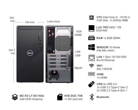 Máy tính để bàn đồng bộ Dell Inspiron 3030 Tower (Core i7-14700 | 16Gb DDR5 5600MHZ | 512GB SSD | Wifi 6 _ BT 5.2 | 180w |Windows 11 Home) _ T6FDR2