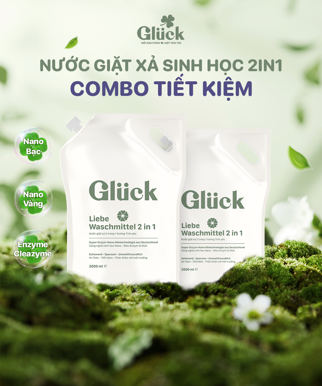  Combo 2 Túi Nước Giặt Xả Sinh Học Glück 2 Trong 1 Hương Tình Yêu Liebe 