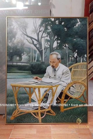 Tranh Sơn Dầu Bác Hồ Ngồi Làm Việc Khổ Dọc