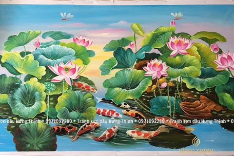 Tranh Sơn Dầu Hoa Sen Cá Chép Đẹp LT82338