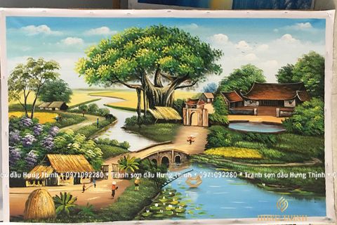 Tranh Sơn Dầu Đồng Quê Cây Đa Giếng Nước Sân Đình HL00058