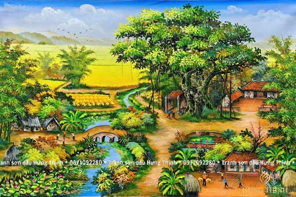 Tranh Sơn Dầu Đồng Quê Cây Đa Giếng Nước Sân Đình Đẹp HL00061