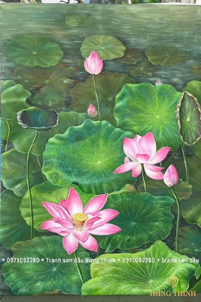 Tranh Sơn Dầu Hoa Sen Vẽ Tay Khổ Đứng LT82543