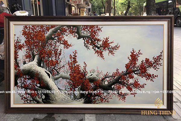 Tranh Sơn Dầu Hoa Đào 3D Đẹp PB66055