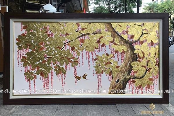 Tranh Sơn Dầu Hoa Lộc Vừng Dát Vàng Treo Tường