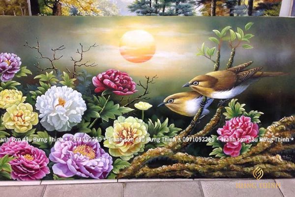 Tranh Sơn Dầu Hoa Mẫu Đơn Đôi Chim PN880116