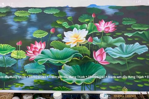 Tranh Sơn Dầu Hoa Sen Đẹp Vẽ Tay LT82333