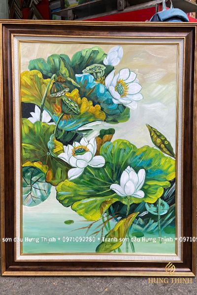 Tranh Sơn Dầu Hoa Sen Trang Trí Xanh Sáng LT82335