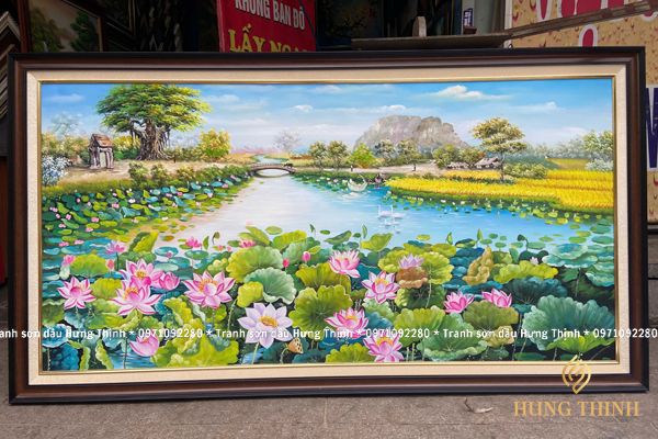 Tranh Sơn Dầu Hoa Sen Đẹp Làng Quê LT82323