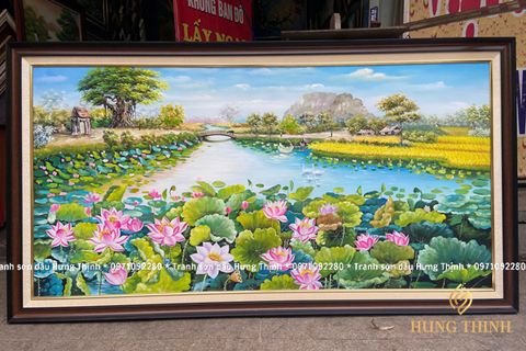 Tranh Sơn Dầu Hoa Sen Đẹp Làng Quê LT82323