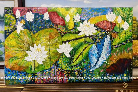 Tranh Sơn Dầu Hoa Sen 3D Vẽ Bay Đắp Nổi LT82542