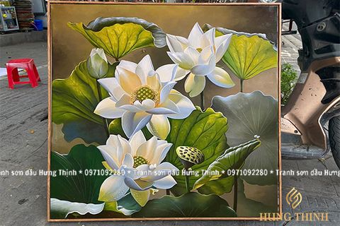 Tranh Sơn Dầu Hoa Sen Khổ Vuông Đẹp LT82549