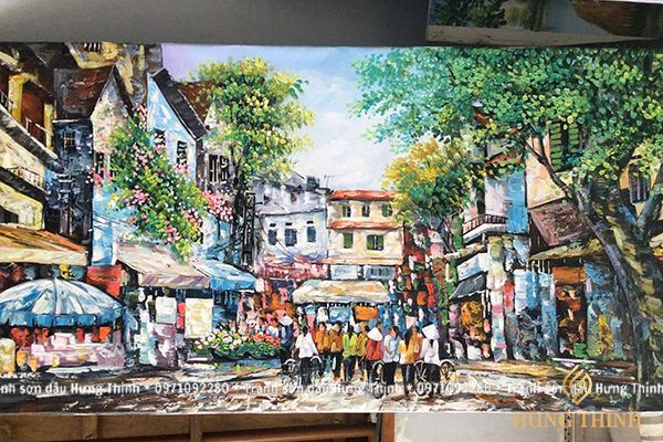Tranh Sơn Dầu Phố Cổ Hà Nội Vẽ Tay Sắc Màu AS10028