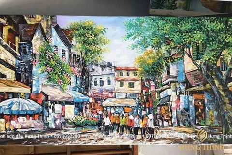 Tranh Sơn Dầu Phố Cổ Hà Nội Vẽ Tay Sắc Màu AS10028