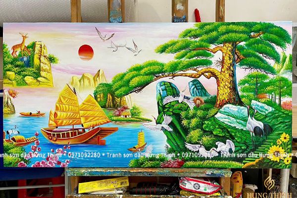 Tranh Sơn Dầu Sơn Thủy Hữu Tình Tùng Hạc Diên Niên LS50535