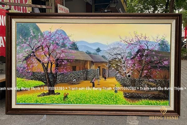 Tranh Sơn Dầu Phong Cảnh Tây Bắc Bản Làng Mùa Xuân LS50529