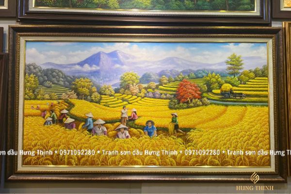 Tranh Sơn Dầu Đồng Quê Mùa Gặt Lúa Treo Phòng Làm Việc HL00066