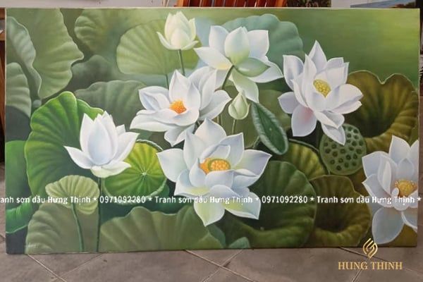 Tranh Sơn Dầu Hoa Sen Trắng Vẽ Tay Đẹp LT82540