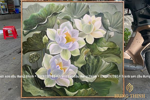 Tranh Sơn Dầu Hoa Sen Decor Vuông Treo Tường LT82550