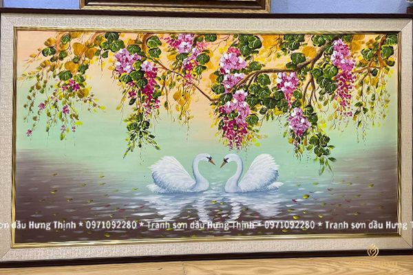 Tranh Sơn Dầu Đôi Thiên Nga Uyên Ương Treo Tường