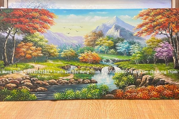 Tranh Sơn Dầu Phong Cảnh Núi Rừng Mùa Thu Bên Suối