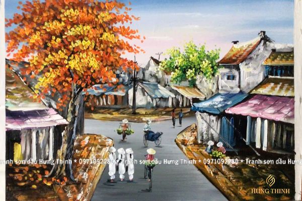 Tranh Sơn Dầu Phố Cổ Vẽ Tay Hà Nội Xưa Cổ Kính AS10036