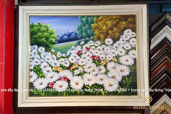 Tranh Sơn Dầu Hoa Cúc Họa Mi Đón Nắng