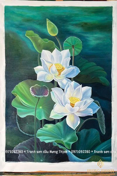 Tranh Sơn Dầu Hoa Sen Trắng Treo Tường Decor LT82545