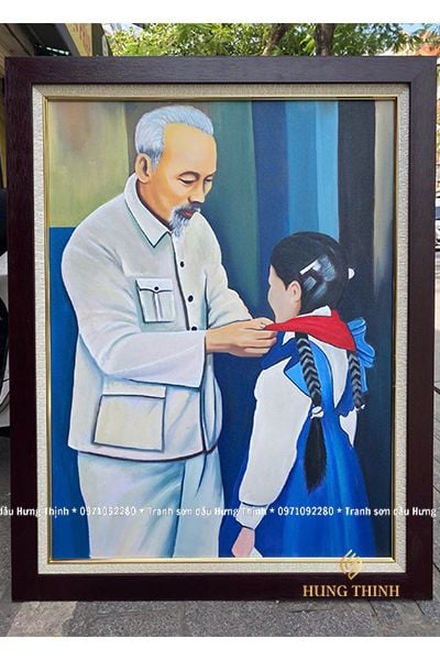 Tranh Sơn Dầu Bác Hồ Quàng Khăn Đỏ Cho Thiếu Nhi