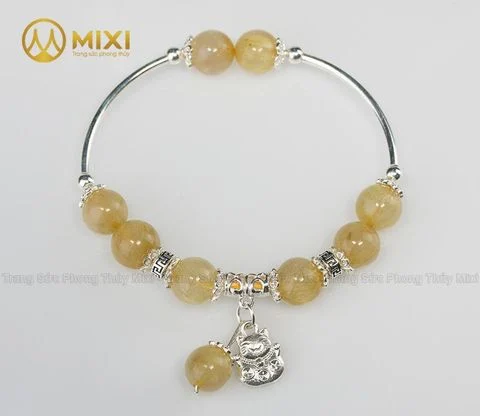 VT Đá Thạch Anh Tóc Vàng 2A_10 Mix Charm Mèo Thần Tài Treo Bạc 999_BMTT01