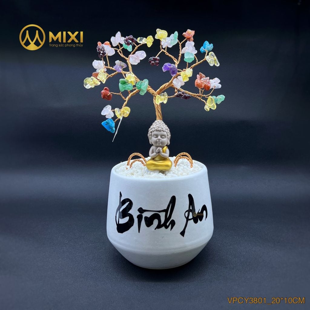 Cây Tài Lộc Hũ Tròn Chữ Bình An Thạch Anh Đa Sắc