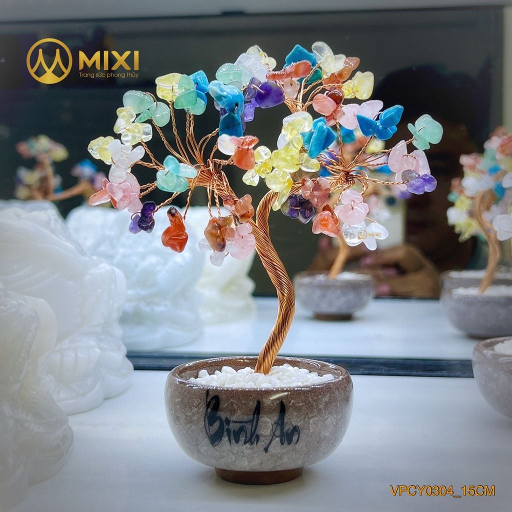 Cây Tài Lộc Hũ Tròn Chữ Bình An Thạch Anh Đa Sắc