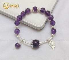 VT Đá Thạch Anh Tím 2A_8 Mix Charm Lá Treo Bạc 999_BLT03