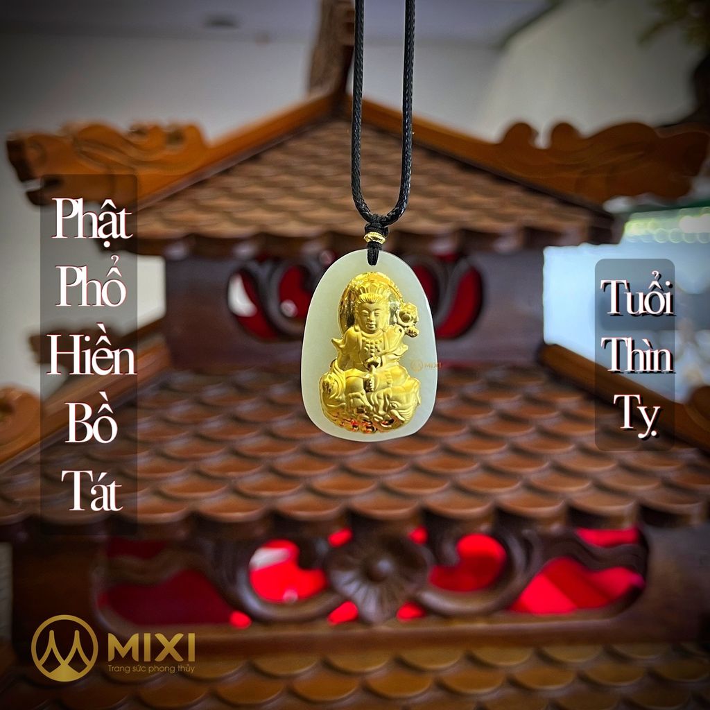 PBM Phổ Hiền Bồ Tát Ngọc Bích Nephrite Mạ Vàng