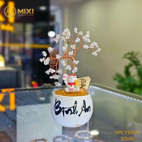 Cây Tài Lộc Hũ Tròn Chữ Bình An Thạch Anh Trắng