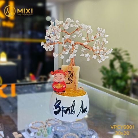 Cây Tài Lộc Hũ Tròn Chữ Bình An Thạch Anh Trắng