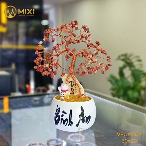 Cây Tài Lộc Hũ Tròn Chữ Bình An Mã Não Đỏ
