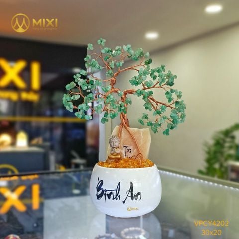Cây Tài Lộc Hũ Tròn Chữ Bình An Thạch Anh Xanh