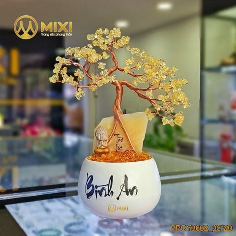 Cây Tài Lộc Hũ Tròn Chữ Bình An Thạch Anh Vàng